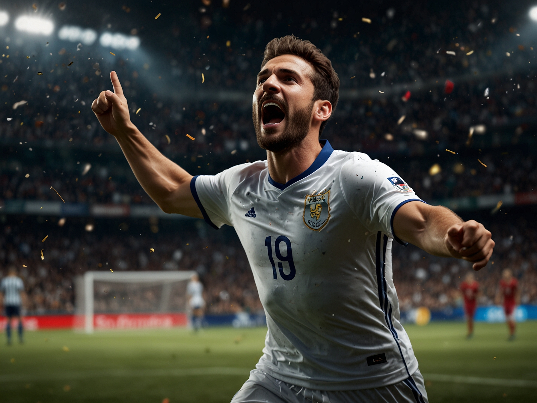 Professional football player celebrating on stadium